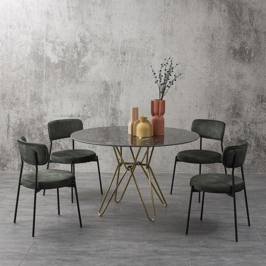 Black Round Marble Table with Set of 4 Deep Green Stackable Chairs