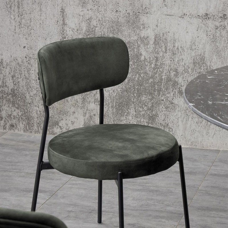 Black Round Marble Table with Set of 4 Deep Green Stackable Chairs