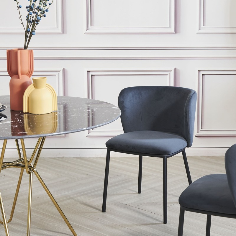 Black Round Marble Table with Set of 4 Velvet Bull Head Chairs