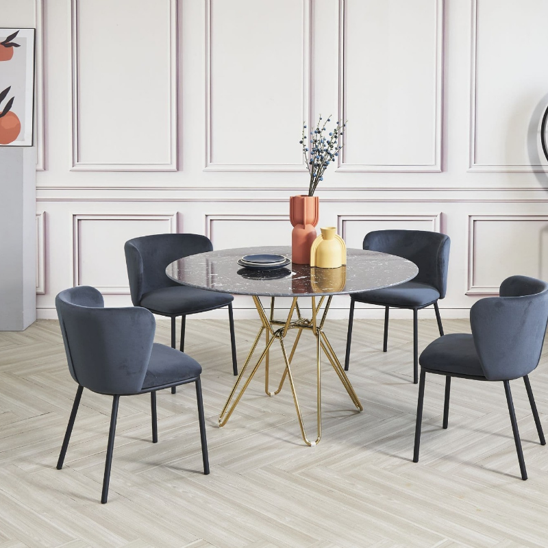 Black Round Marble Table with Set of 4 Velvet Bull Head Chairs