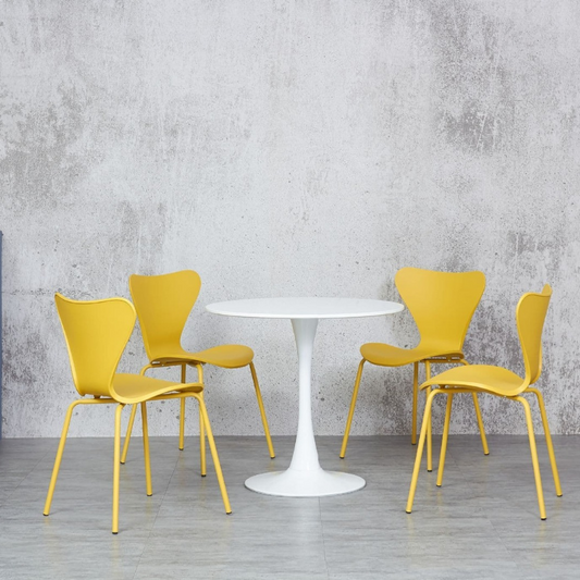 Heyden White Round MDF Dining Table Set with Set of 4 Yellow Stackable Chairs