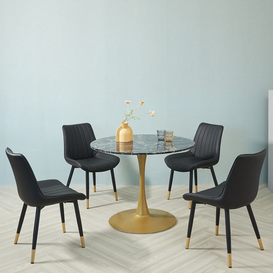 Black Round Marble Table with Set of 4 Brook Black PU Leather Chairs