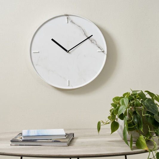 White Marble Effect Wood Veneer Round Wall Clock